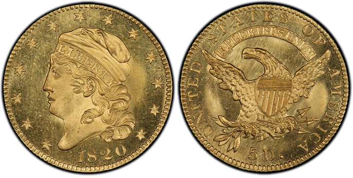 1820 Capped Head Left Half Eagle. BD-6.  Curved-Base 2, Small Letters.  MS-66+ (PCGS).